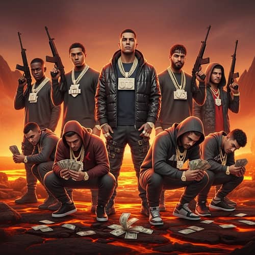 Intriguing Image of Seven Characters with Weapons and Money