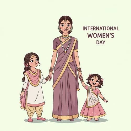 Empowerment Celebration: International Women's Day Poster Featuring Indian Woman & Daughters