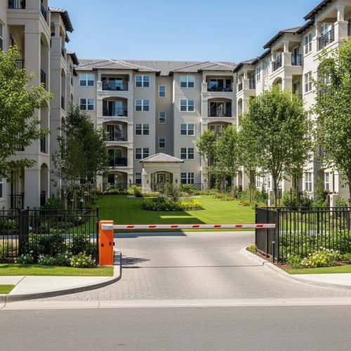 Residential Complex Courtyard with Secure Fence & Lush Greenery