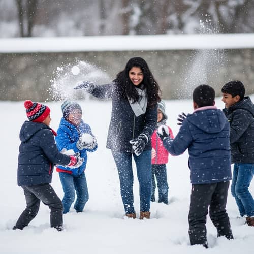 Joyful Snowball Fight with South Asian Woman and Children