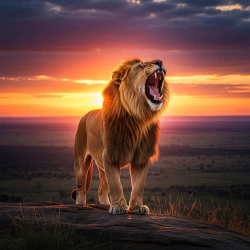 Majestic Lion Roaring in African Savanna at Sunset