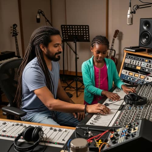 Dreadlocked Man in Recording Studio with Black Girl