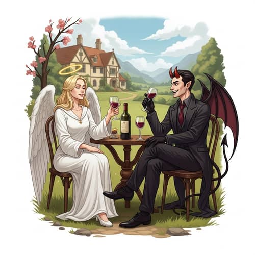 Comedic Fantasy Illustration: Angelic vs Devilish Friends Sipping Wine