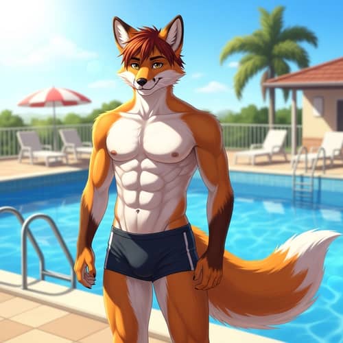 Male Fox Demi-Human at Poolside | Anthro Fox Character in Swim Trunks