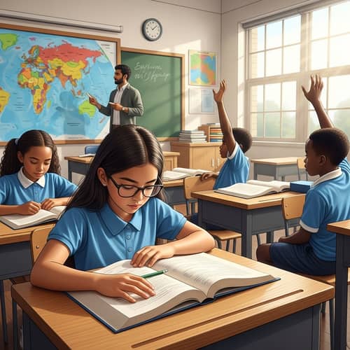 Diverse School Scene: Students Learning with Teacher in Classroom
