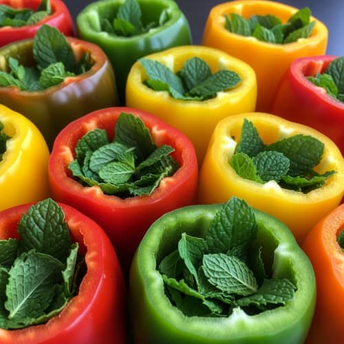 Vibrant Peppers with Fresh Mint Leaves | Colorful and Inviting