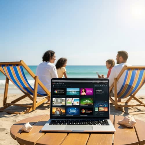 Beach Scene: Laptop Ads, Family Fun & Serene Waves