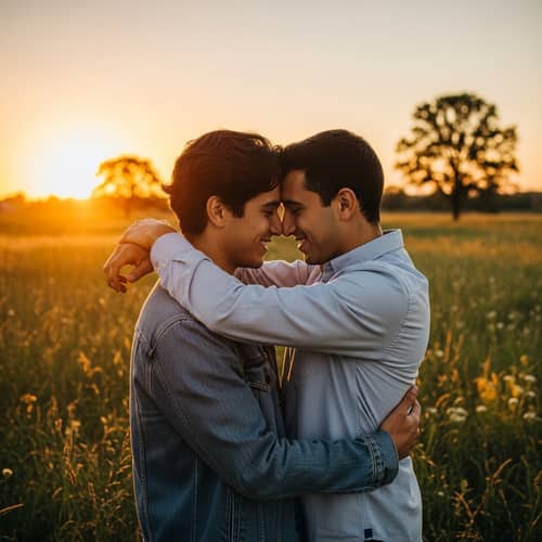 Sunset Meadow Embrace: Young Men Holding Each Other