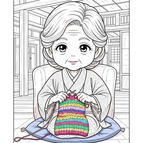 Kawaii-Style Silver-Haired Grandmother Knitting in Traditional Japanese Home