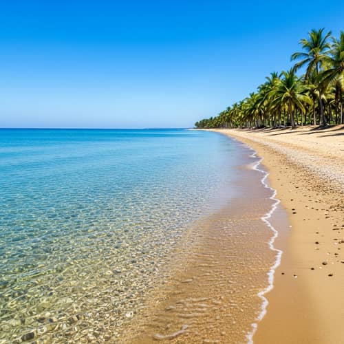 Serene Beach Scene with Azure Waves & Palm Trees