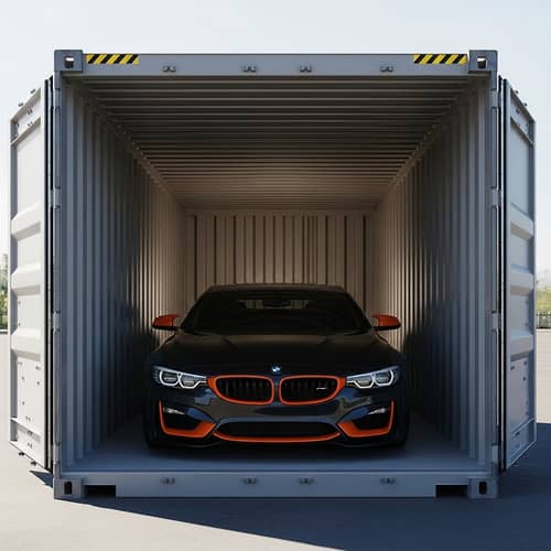 Striking Black and Orange Car in Container - Dramatic Scene