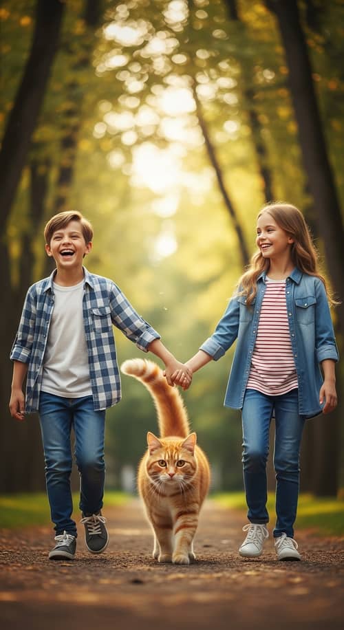 Ginger Cat Majestically Walking After 12-Year-Old Boy in Park