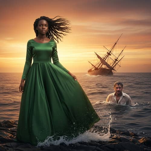 Elegant Black Adolescent Girl in Green Gown by the Ocean