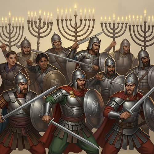 Vibrant Scene: Valiant Maccabee Warriors Protecting Chanukkah