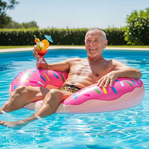 Grandfather in Leopard Print Swim Trunks enjoying Pool Time