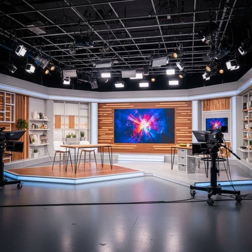 TV Show Studio with Bright Lighting and Large Screen