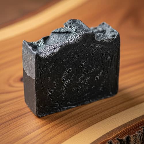 Natural Handmade Charcoal Soap on Wooden Surface