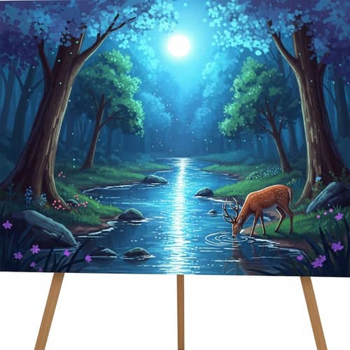 Mystical Forest Scene: Vibrant Deer Drinking from Sparkling River