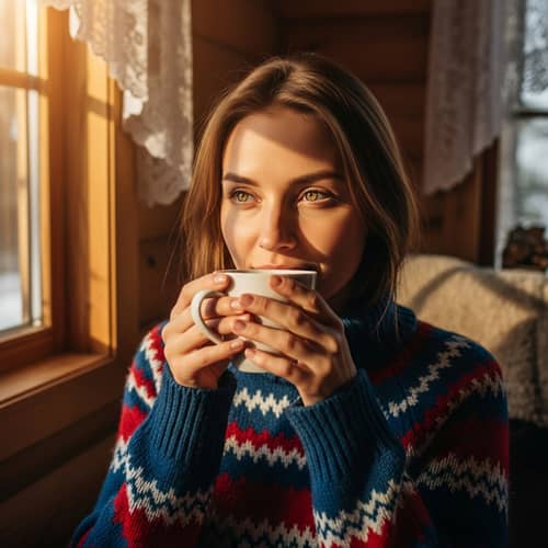 Warm Russian Woman Enjoying Tea in Cozy Cabin | Bright Sunshine