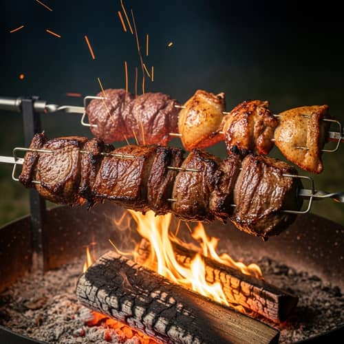 Delicious Meat Spit Roasting Over Campfire - BBQ Bliss