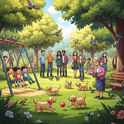 Sunny Day Park Scene with Diverse Activities and Joyful Atmosphere