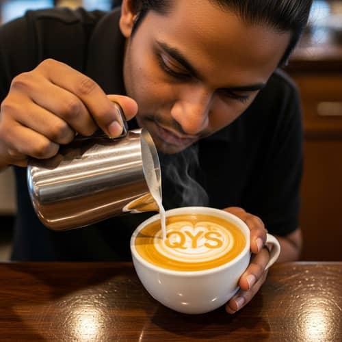 Skilled South Asian Barista Crafting QYS Latte Art | Close-Up Perspective