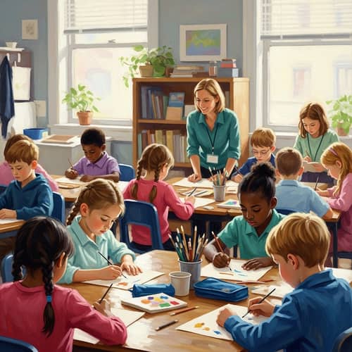Lively Classroom Environment - Impressionistic Style Oil Painting