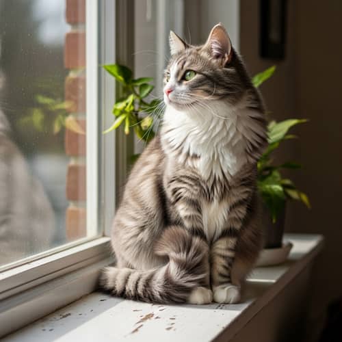 Serenely Sitting Fluffy Cat on Windowsill | Bright Green Eyes