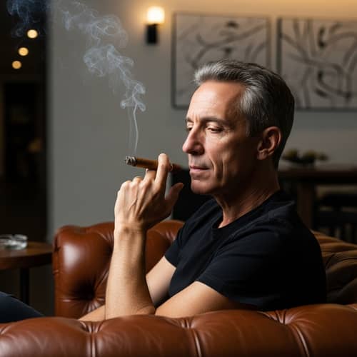 Middle-Aged Man with Gray Hair and Cigar | Modern Interior Setting