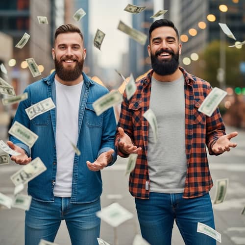 Diverse Bearded Men Celebrate in Money Rain | Urban Background