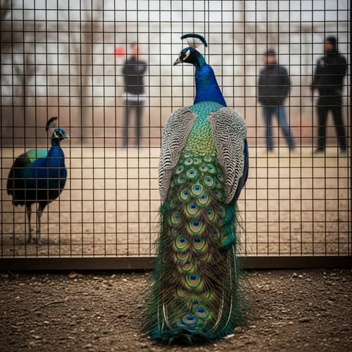 Captivating Scene: Vibrant Peacock in Cage with Silhouettes