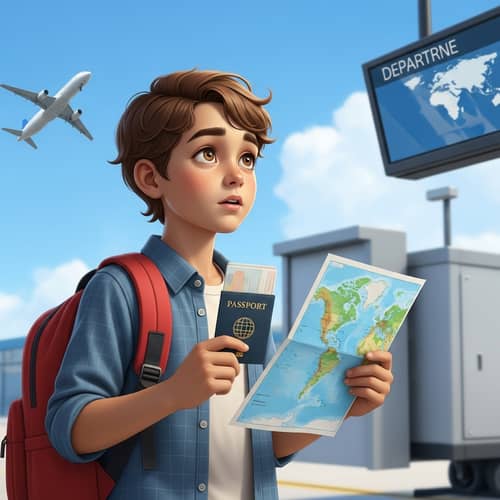 Hispanic Boy Traveling Abroad: Journey Begins