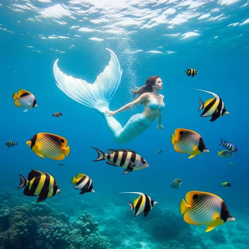 Surreal Underwater Mermaid Scene | Vibrant Fish & Ethereal Beauty