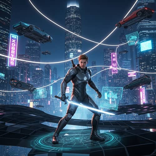 Futuristic Swordsman in High-Tech Suit | Urban Digital Art