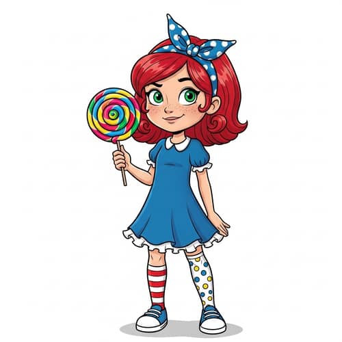 Cheeky Comic Book Girl Character with Red Hair and Lollipop