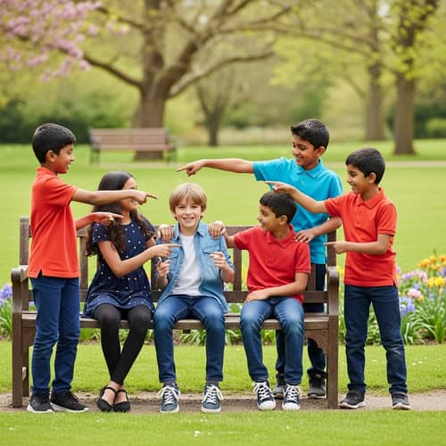 South Asian Kids Playfully Teasing Caucasian Boy in Park