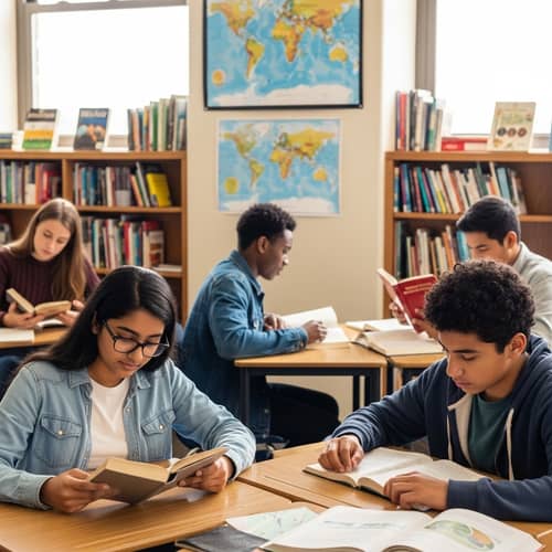 Diverse Group of Students Engrossed in Books | Classroom Setting