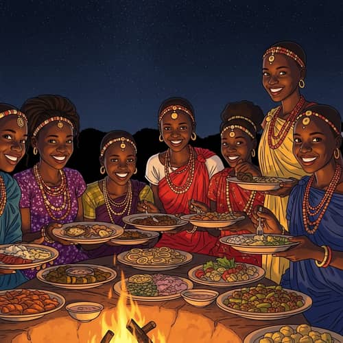 African Young Girls Enjoying Traditional Village Feast at Night