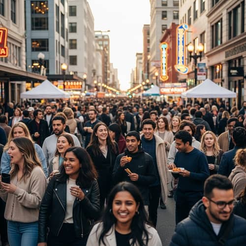 Diverse Crowd Enjoying Street Food and Entertainment
