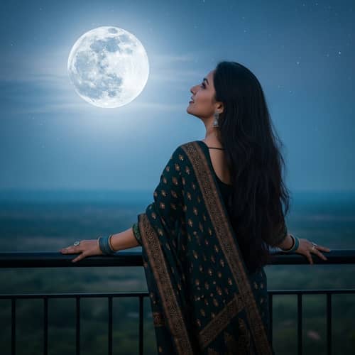 South Asian Woman in Traditional Sari Gazes at Rising Moon