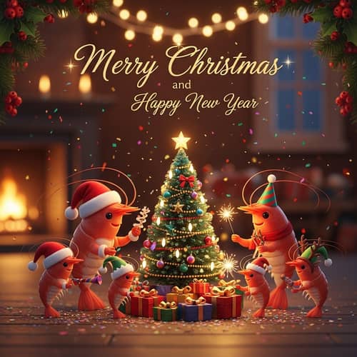 Merry Christmas & Happy New Year Card with Anthropomorphic Shrimp Family