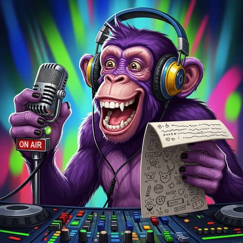 Playful Purple Monkey Podcasting Digital Painting - Vibrant Depiction