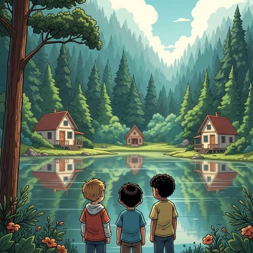 Tranquil Forest Scene with Charming Houses and Diverse Group of Boys