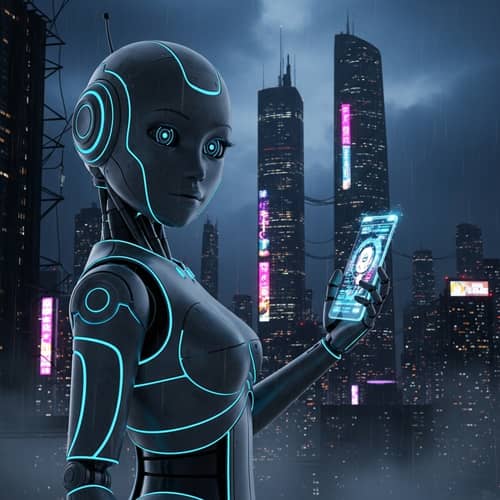 Futuristic Female Robot Holding Phone | Cyberpunk Design