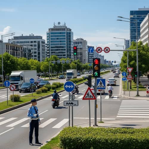 Daytime City Traffic: Law-Abiding Vehicles & Pedestrians