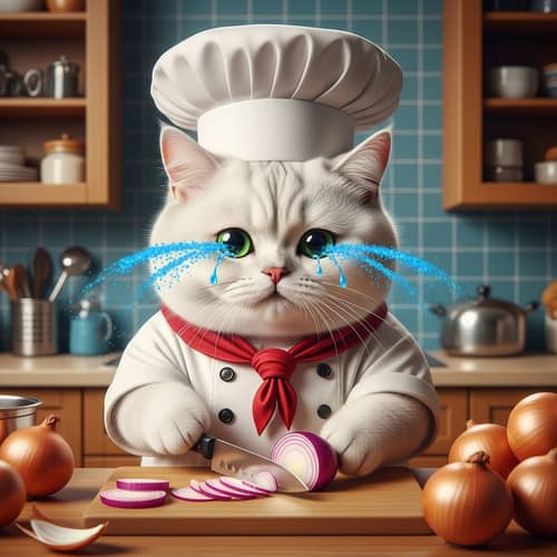 Adorable Cartoon-Like White British Cat Chopping Onions in Kitchen
