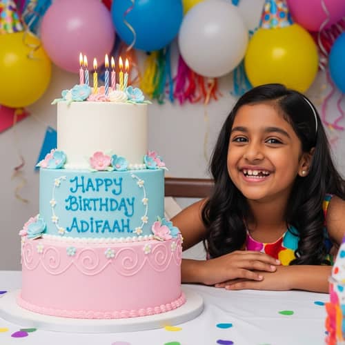 Happy Birthday Adifaah: 11-Year-Old Girl with Three-Tier Cake