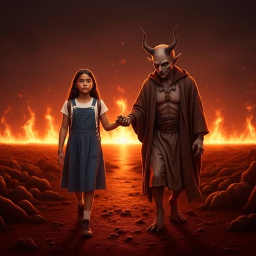 Hispanic Young Girl's Escape With Friendly Demon in Fiery Landscape