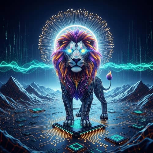Abstract Lion in Silicon Chip Landscape | Dominate Advanced Technology