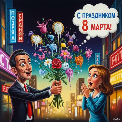 Cheerful Cartoon Man in Surreal Cityscape with Bouquet of Flowers in Salvador Dali Style